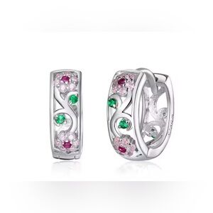 Elegant 925 sterling silver Hoop Earrings with Pink and Green Accents